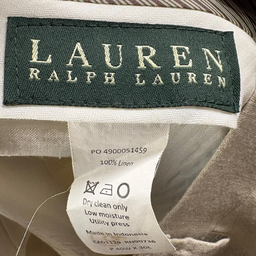 Ralph Lauren Mens 40W x 30L Beige 100% Linen Flat Front Straight Let Chino Pants